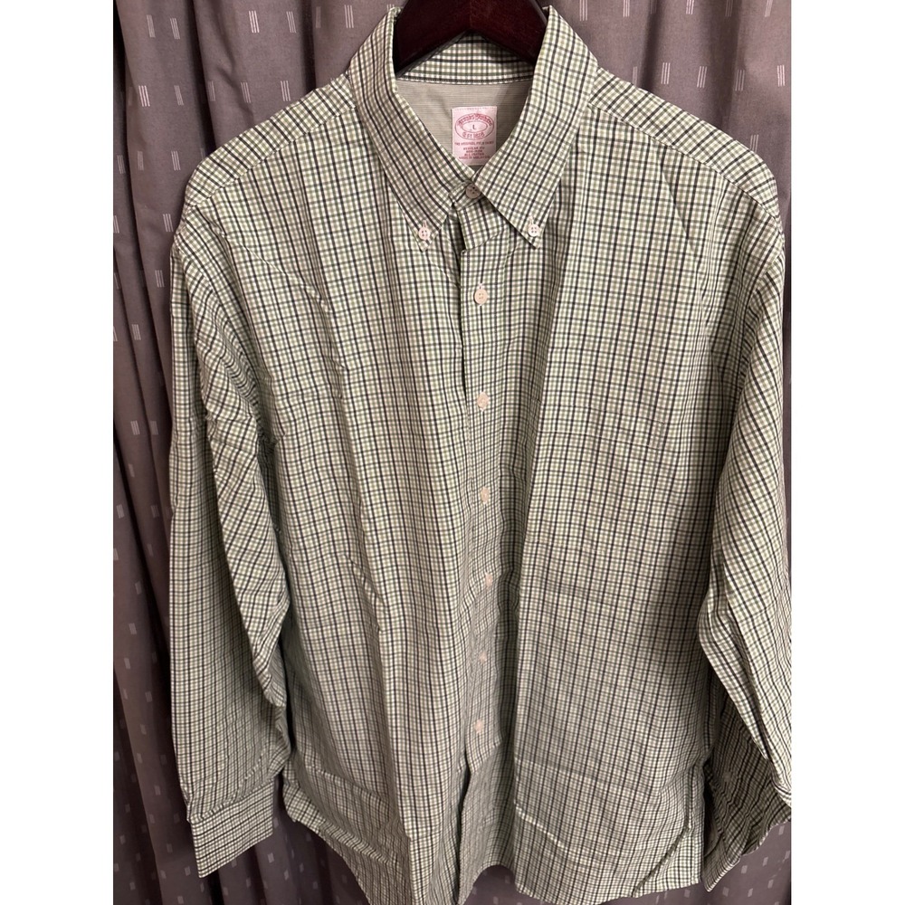 Brooks Brothers Mens Regular Fit Non-Iron Gingham Button Down Shirt Green Large